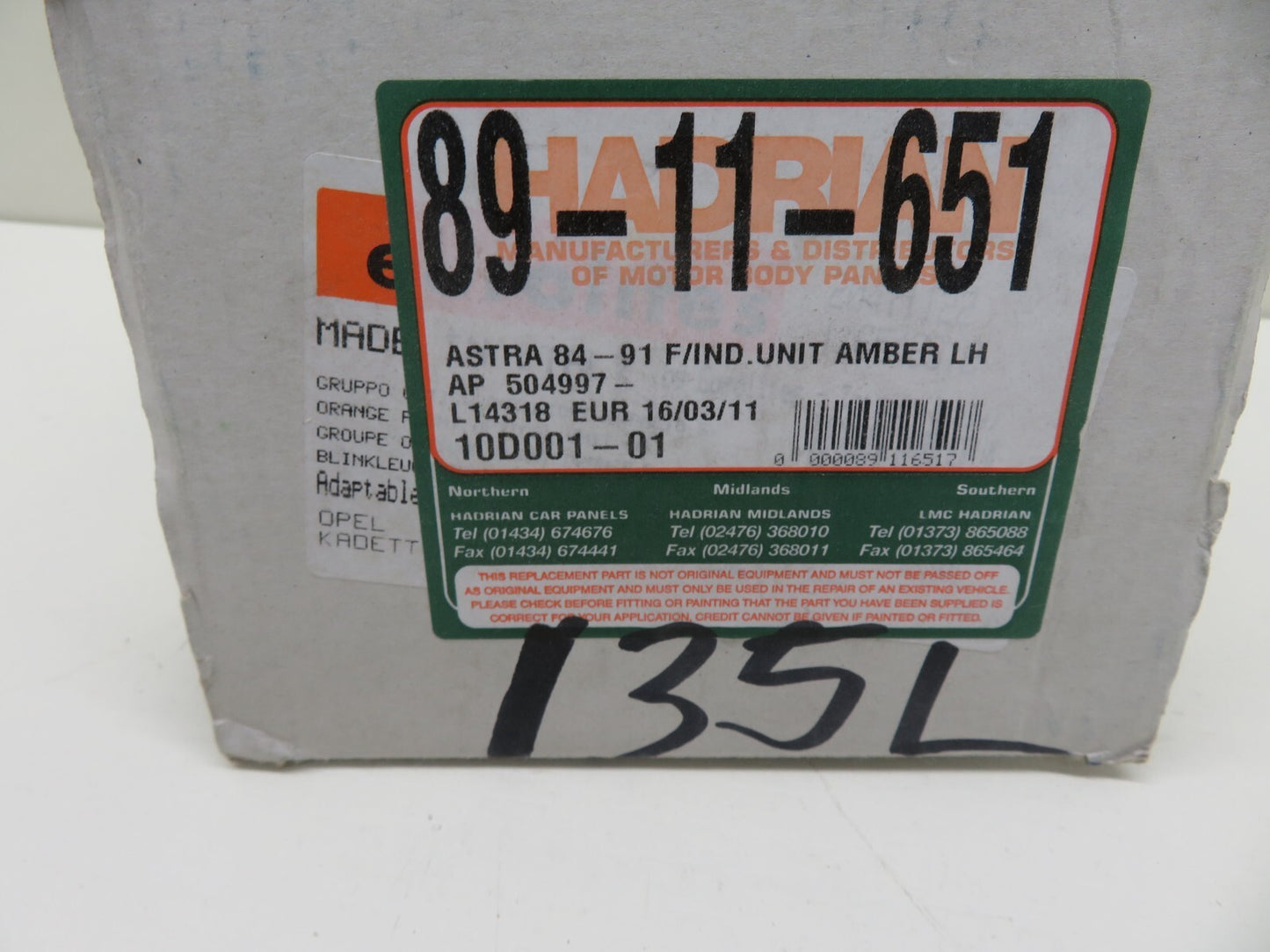 NS PASSENGER FRONT INDICATOR LIGHT FOR VAUXHALL ASTRA 1984-1991 135L