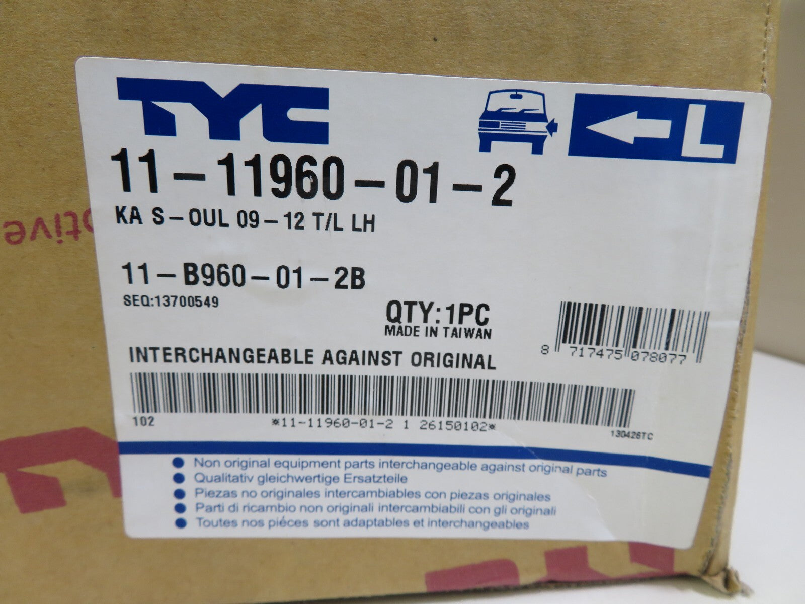 KIA SOUL NS PASSENGER REAR TAIL LIGHT TYC 11-11960-01-2 2009-2012