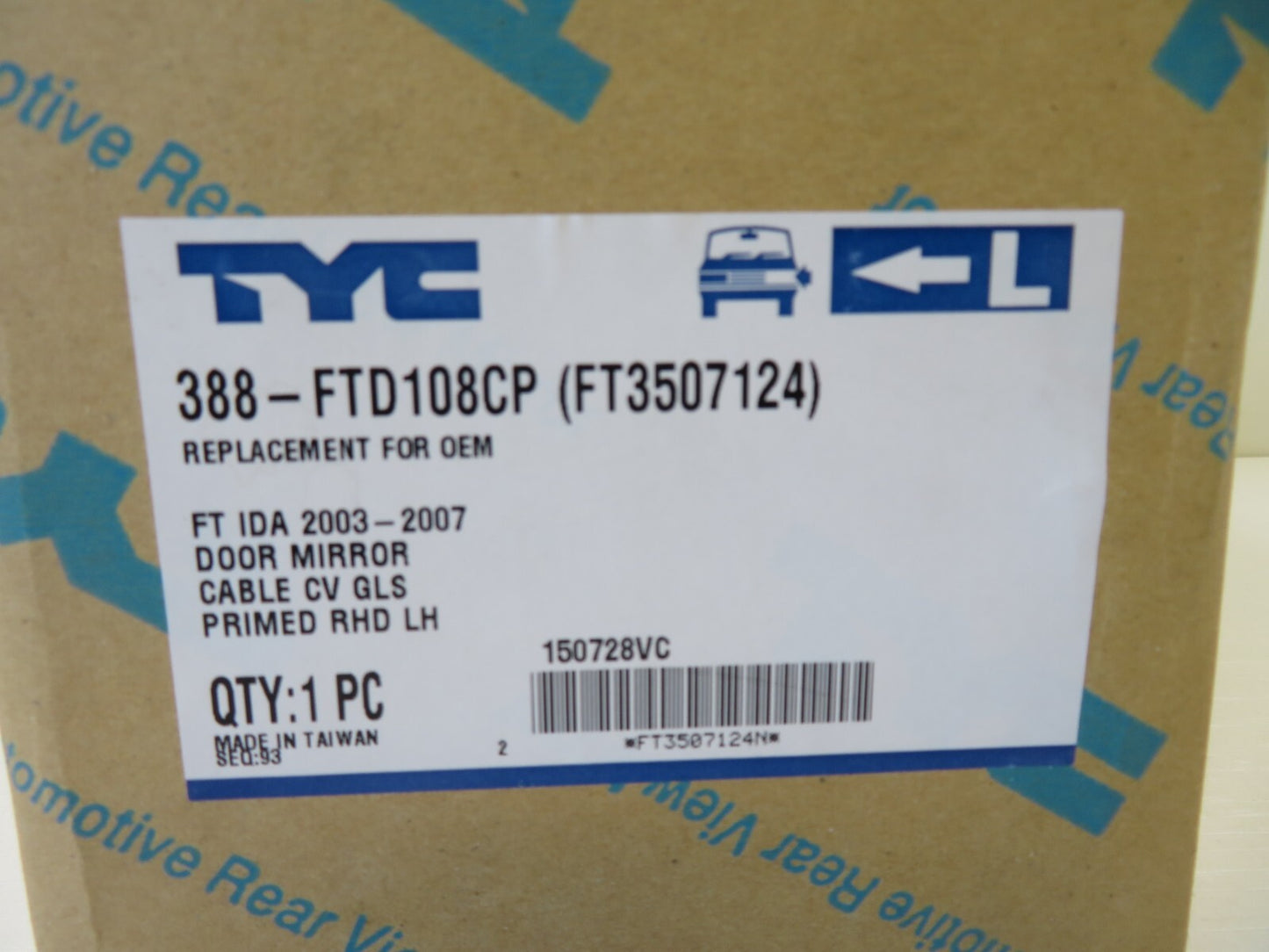 FIAT IDEA NS PASSENGER DOOR WING MIRROR PRIMED 388-FTD108CP TYC 2003-2007