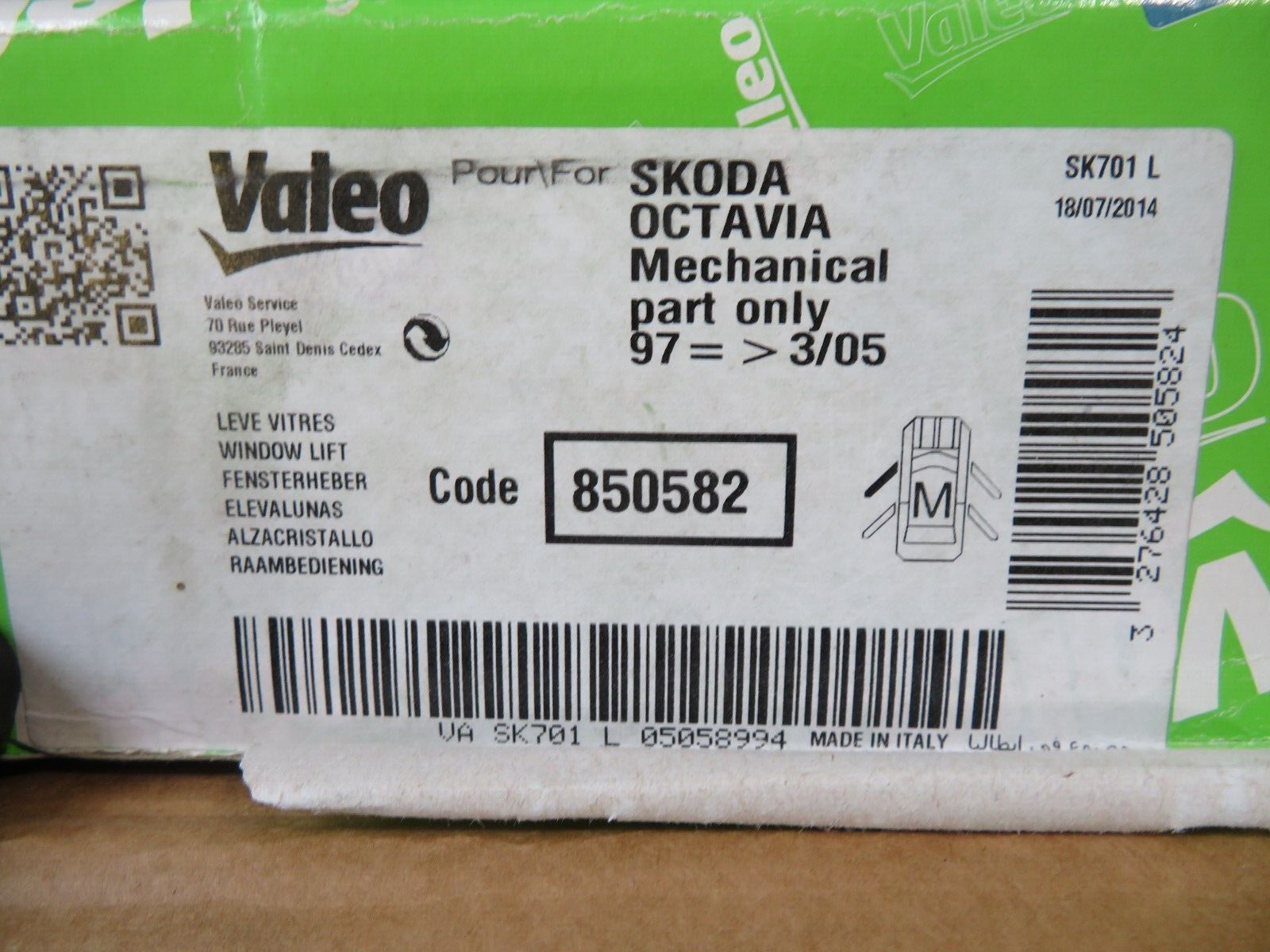NSF LH PASSENGER WINDOW REGULATOR FOR SKODA OCTAVIA 1997-2005 VALEO 850582