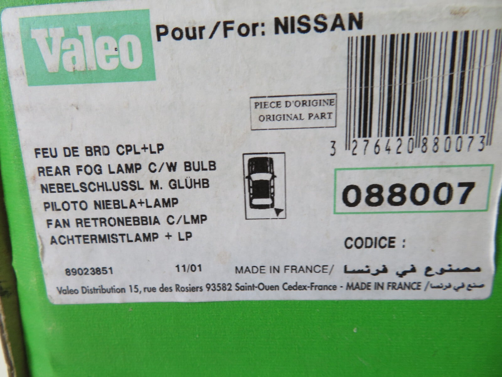 OS DRIVER REAR FOG LIGHT VALEO 088007 FOR NISSAN PRIMERA 1996-1999